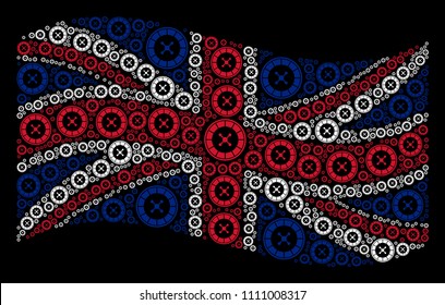Waving Great Britain state flag on a black background. Vector roulette design elements are combined into mosaic English flag abstraction. Patriotic concept composed of roulette design elements.