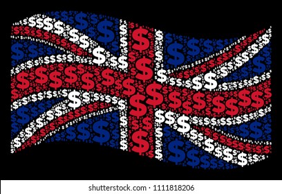 Waving Great Britain state flag on a black background. Vector dollar items are combined into mosaic Great Britain flag abstraction. Patriotic collage done of dollar elements.