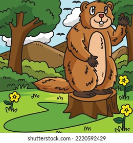 Waving Groundhog Colored Cartoon Illustration