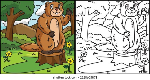 Waving Groundhog Coloring Page Illustration