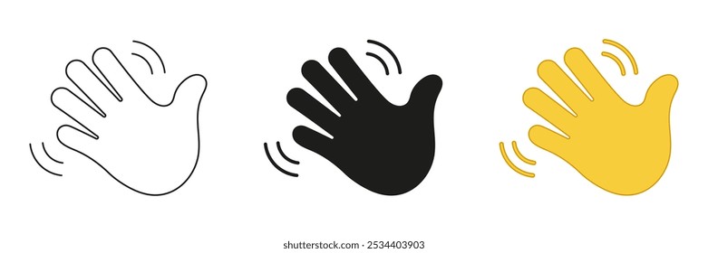 Waving Hand Emoji Icon. Friendly Greeting Line and Silhouette Sign. Gesture of Hello or Goodbye Symbol. Editable Stroke. Isolated Vector Illustration.