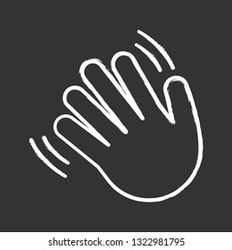 Waving hand gesture emoji chalk icon. Hello, hi, bye, goodbye hand gesturing. Greeting palm. Isolated vector chalkboard illustration