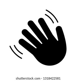 Waving hand gesture emoji glyph icon. Silhouette symbol. Hello, hi, bye, goodbye hand gesturing. Greeting palm. Negative space. Vector isolated illustration