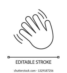 Waving hand gesture emoji linear icon. Thin line illustration. Hello, hi, bye, goodbye hand gesturing. Greeting palm. Contour symbol. Vector isolated outline drawing. Editable stroke
