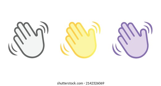 waving hand gesture, hi or hello sign, bye gesture vector illustration. Wave hand icon isolated on white background in three different colors.