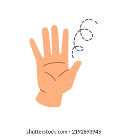 Waving hand gestures, greeting or saying goodbye. Stop sign, denial or prohibition, symbol of refusal. Stretched palm and fingers. Flat cartoon, vector in flat style