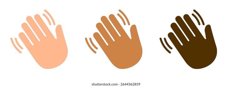 Waving hand icons set in various skin tones, emoji greeting, paying attention
