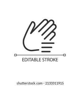 Waving hand pixel perfect linear icon. Nonverbal communication. Greeting and calling gesture. Thin line illustration. Contour symbol. Vector outline drawing. Editable stroke. Arial font used