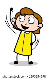 Waving Hand and Saying Hello - Retro Office Girl Employee Cartoon Vector Illustration﻿