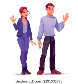 Waving hand welcome people vector illustration. Young man and woman say hello standing cartoon character set. Hi gesture for different adult friend male and female. Isolated stylish human interacting