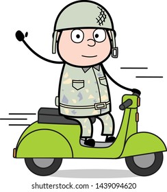 Waving Hand While Driving a Scooter - Cute Army Man Cartoon Soldier Vector Illustration