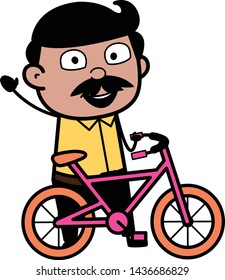Waving Hand While Walking with Cycle - Indian Cartoon Man Father Vector Illustration