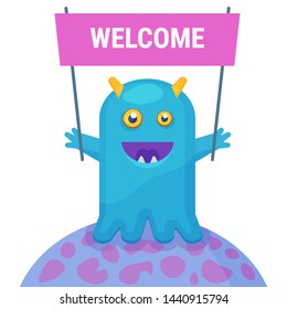 waving happy blue alien on the violet planet with transparent