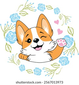 Waving happy Corgi dog in floral wreath with blue roses. Vector