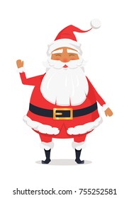 Waving happy Santa Claus on white background. Vector illustration of man in age worn in red warm coat trousers, soft hat, black boots and wide belt. Element of Christmas decor for big supermarkets.