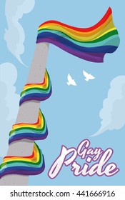 Waving high rainbow flag in and around pole in a blue sky with clouds and doves in Gay Pride day.