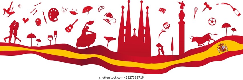 Waving horizontal Spain flag. vector 