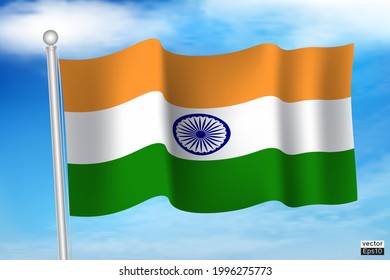 Waving india flag on a metallic pole in blue sky background. India flag sign. The National Flag of India is a horizontal rectangular tricolour of  saffron, white and  green; with the Ashoka Chakr