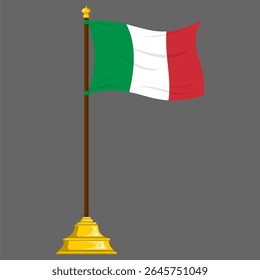 Waving Italian Flag on Luxurious Grand Flagpole Vector Illustration Isolated on Gray Background for Patriotic and National Design Projects