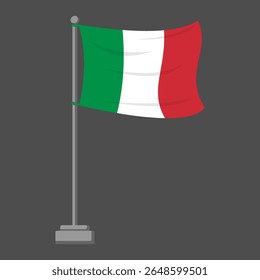 Waving Italian Flag on Silver Pole Isolated on Gray Background Vector Illustration for National, Government, and Patriotic Design