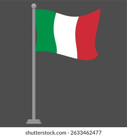 Waving Italian National Flag Vector Illustration – Tricolor Green, White, and Red Banner on Flagpole, Symbol of Italy's Heritage and Patriotism. Isolated on gray background