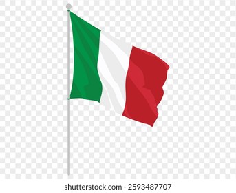 Waving Italy flag isolated on transparent PNG background. Perfect for designs, presentations, or digital projects, showcasing the iconic green, white, and red flag symbolizing Italy's heritage and uni