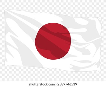 Waving Japanese flag isolated on transparent PNG background. Ideal for patriotic designs, cultural presentations, or digital projects. High-quality image featuring the iconic red circle symbolizing