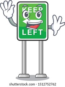 Waving Keep left road sign mascot cartoon