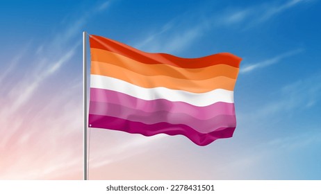 Waving lesbian pride flag. Lesbian pride flag waving in wind at cloudy sky. Template of banner or poster for Pride Month events. Tolerance and freedom concept.Vector illustration.