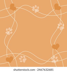 
Waving lines frame with hearts and paws on light brown background. Suitable for pet lover background