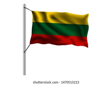 Waving Lithuania flag on flagpole on isolated background, flag of Lithuania, vector illustration