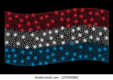 Waving Luxemburg Flag mesh illustration with glare effect. Vector flying official Luxemburg Flag designed with polygonal network, illuminated nodes, dots.