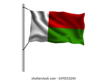 Waving Madagascar flag on flagpole on isolated background, flag of Madagascar, vector illustration