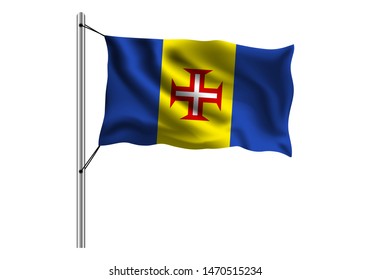 Waving Madeira flag on flagpole on isolated background, flag of Madeira, vector illustration