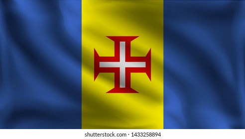 Waving Madeira flag, the flag of Madeira, vector illustration