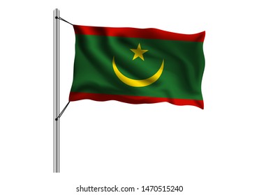 Waving Mauritania flag on flagpole on isolated background, flag of Mauritania, vector illustration