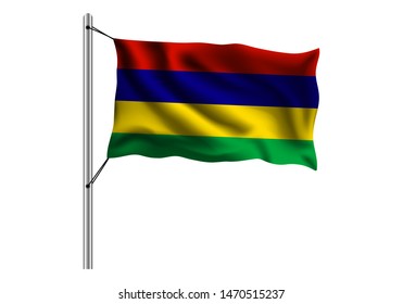 Waving Mauritius flag on flagpole on isolated background, flag of Mauritius, vector illustration