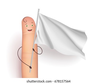 Waving mockup flag and finger man. Political and Social event concept. Template for cultural or sport event. Realistic vector illustration on white background