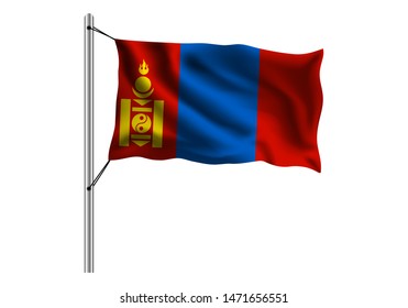 Waving Mongolia flag on flagpole on isolated background, flag of Mongolia, vector illustration