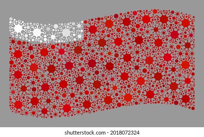 Waving mosaic Abu Dhabi flag designed with Covid-2019 items. Abu Dhabi flag collage is designed from scattered cell elements.