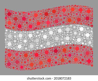 Waving mosaic Austria flag designed of virulent elements. Austria flag collage is shaped of randomized bacilla particles. Vector covid mosaic waving Austria flag combined for health care applications.