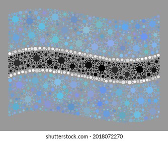 Waving mosaic Botswana flag constructed of Covid-2019 icons. Botswana flag collage is made of randomized covid icons. Vector covid-2019 collage waving Botswana flag created for inoculation purposes.