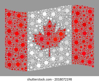 Bandera de Canadá con mosaico ondulado, construida con iconos de Covid-2019. El collage de la bandera de Canadá está formado por íconos de infección aleatorizados.