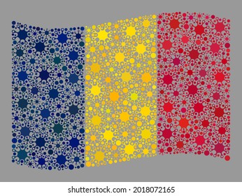 Waving mosaic Chad flag designed with Covid-2019 icons. Chad flag collage is constructed from random infection icons. Vector covid-2019 collage waving Chad flag designed for health care advertisement.