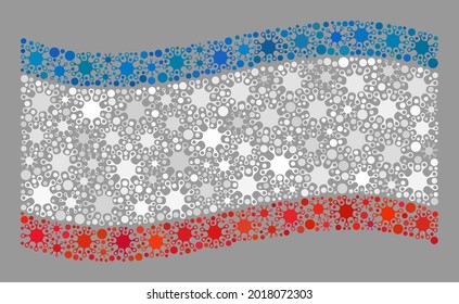 Waving mosaic Crimea flag created with covid elements. Crimea flag collage is shaped with scattered infection elements. Vector coronavirus mosaic waving Crimea flag designed for medicare wallpapers.