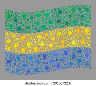 Waving mosaic Gabon flag designed of cell items. Gabon flag collage is organized of scattered pathogen pictograms. Vector pandemic collage waving Gabon flag designed for lockdown propaganda.