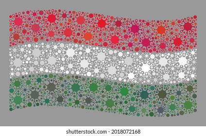 Bandera de Hungría de mosaico ondulado construida con objetos Covid-2019. El collage de la bandera de Hungría se organiza con elementos bacterianos aleatorios.