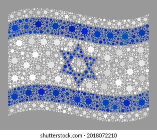 Waving mosaic Israel flag designed of viral items. Israel flag collage is designed from randomized coronavirus items.