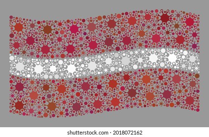 Waving mosaic Lettland Flagge entworfen von covid Elemente. Lettland Fahnenkollage ist aus verstreuten Coronavirus-Gegenständen gebaut. Vector covid-2019 Collage winkend Lettland Flagge geschaffen für Sperrpropaganda.