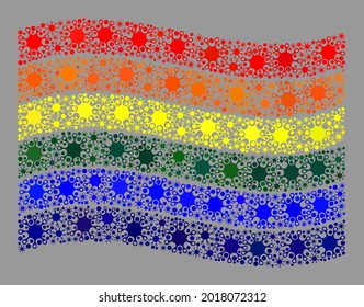 Waving mosaic LGBT flag designed of Covid-2019 items. LGBT flag collage is organized with randomized bacilla particles. Vector covid-2019 collage waving LGBT flag combined for health care posters.